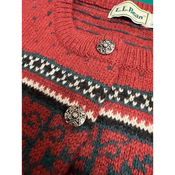 L.L. Bean Red, Green, & Black 100% Pure Wool Shetland Women's Nordic Cardigan SM - Picture 1 of 8